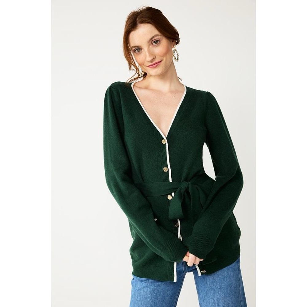 Draper James Forest Green Cardigan Sweater w Belt White Trim Gold Buttons Small